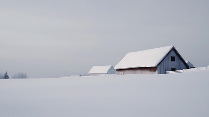 A serene winter scene showcases a snow-covered field leading to quaint barns under a muted sky, evoking a sense of peace and isolation in the minimalist landscape.