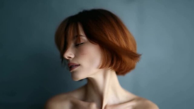 Close-up portrait of a young woman with short auburn hair and blunt bangs, captured in motion as her hair sways gently mid-turn. Her eyes are closed, expression