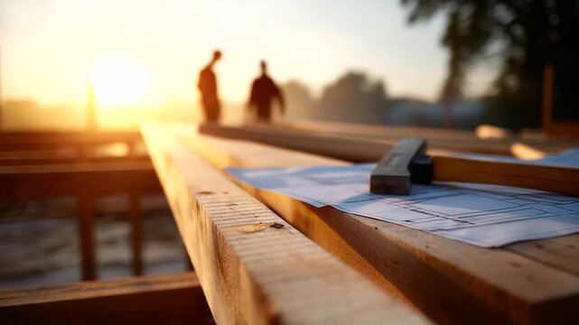 Early morning construction site bathed in warm golden light. Close-up of wooden planks, hammer, tape measure, and architectural blueprints resting on a half-built 