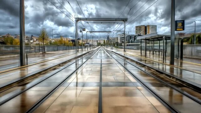 Urban train station with reflective tracks under dramatic cloudy sky, showcasing modern architecture