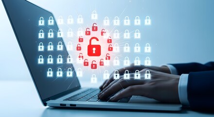 Cybersecurity concept: Hands typing on laptop with digital locks and unlocked padlock graphic overlay