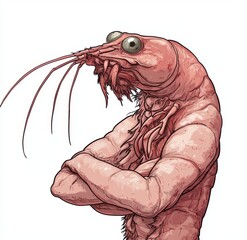An illustration of an angry cartoon shrimp with its arms crossed, staring directly at the camera, is rendered in modern clip art style with simple gradients, all on one layer