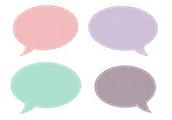 Four pastel colored speech bubble shapes with dotted outline, isolated on transparent background