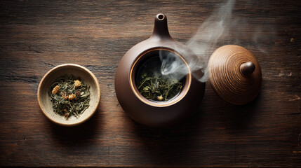 Steaming tea ceremony with teapot and bowl on a rustic wooden table. A top-down view captures the essence of a relaxing tea ritual, perfect for wellness and health