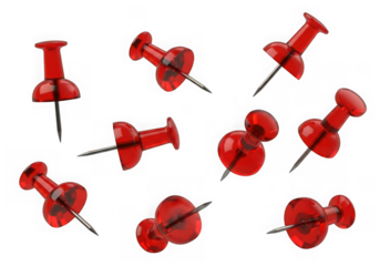 A collection of red thumbtacks scattered on a transparent background, perfect for office supplies