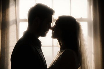 A man and a woman, possibly a bride, stand in silhouette, nose to nose, in a tender moment against a bright window. Valentine's Day