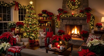 Fototapeta premium Cozy christmas living room with fireplace christmas tree and poinsettias holiday home decor ideas