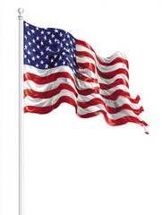 Obraz premium A vibrant American flag waves gracefully, showcasing its stars and stripes against a bright background, symbolizing patriotism and national pride.