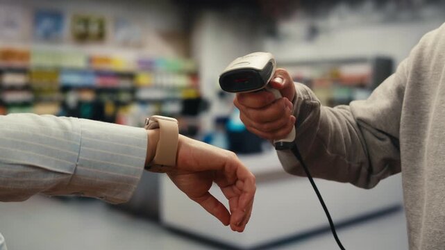 Woman Paying Bill With Watch Using Wireless Pos Terminal in shop store supermarket, Waiter Processing Payment, scan qr code with discounts, card banking. 