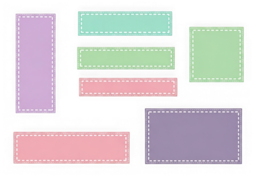 Collection of colorful pastel rectangles and squares with stitched borders, isolated on transparent background - Powered by Adobe