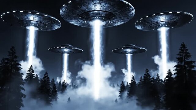 Whispers in the Pines A Cinematic UFO Fleet Over a Foggy Forest
