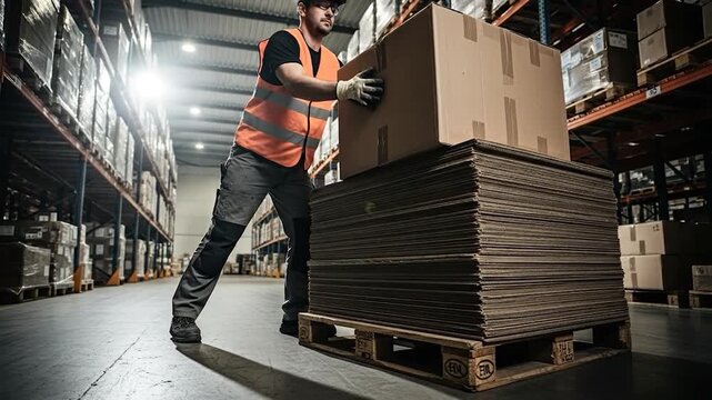 Warehouse worker lifting cardboard box onto pallet in large industrial storage facility with bright lighting