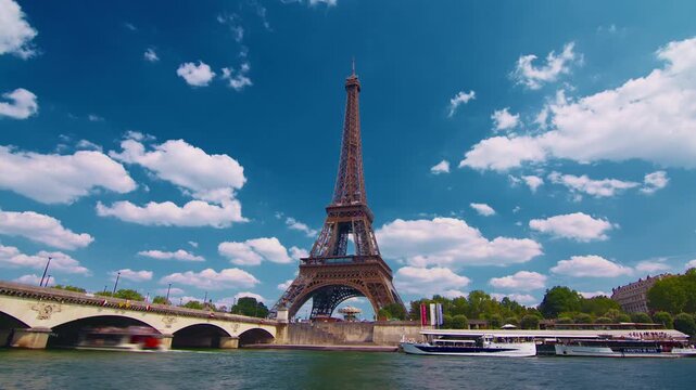 Paris, France: Timelapse of iconic landmark Eiffel Tower at summer