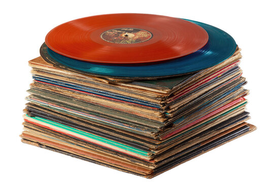 A stack of vintage vinyl records. Stacked records, colored vinyl, record albums, music, collection, old