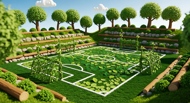 A stylized soccer field with leaf litter, vine goals, and tiered seating under a blue sky with clouds