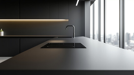 Sleek kitchen features a dark countertop with a built-in cooktop, complemented by minimalist cabinetry, providing a modern and functional cooking space with city view.