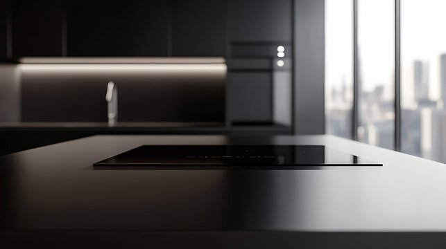 Sleek minimalist kitchen featuring dark cabinetry and a modern cooktop against a cityscape backdrop, creating a luxurious culinary space with urban elegance.