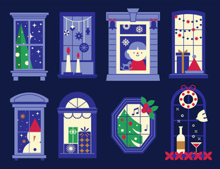 Collection of Christmas Windows at Winter Night.