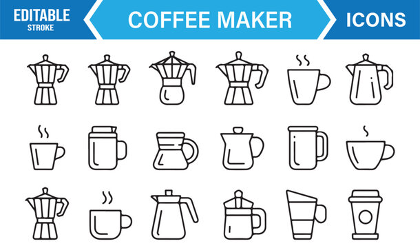 Outline vector icons of coffee maker, kettle, and espresso mug – minimal café design set.