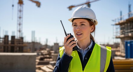 Female engineer using a walkie-talkie at a construction site. Professional woman in a hard hat and safety vest managing a building project