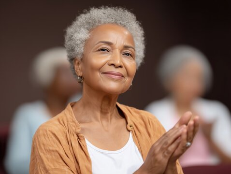 Silver-Haired Woman Applauding: A poised, silver-haired woman gracefully claps, exuding a sense of appreciation and contentment. Capturing a moment of recognition and applause.
