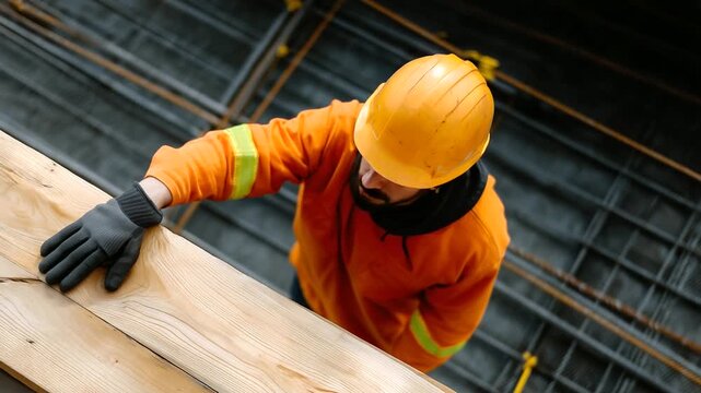 Top-down industrial shot of a construction worker in the process of aligning large wooden boards on a reinforced grid platform. The man is wearing a dark brown hard hat, bright ora