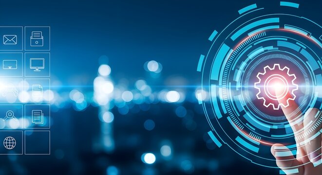 Futuristic technology interface with hand touching gear icon, digital network and city lights bokeh background