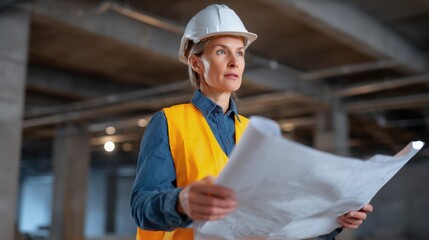 Construction Blueprint and Vision: A focused construction engineer, adorned in a safety vest and helmet, intently studies blueprints on a construction site.