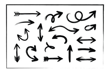 Obraz premium Collection of hand drawn black arrows in various shapes and directions on a white background with a rough border