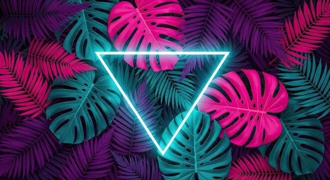 Neon Triangle Over Teal Pink Purple Monstera Palm Leaves Background