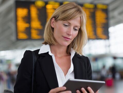 Woman Traveler at the Airport: An elegant woman in professional attire, engrossed in her tablet while in a bustling airport terminal.