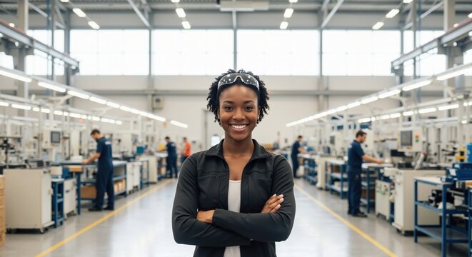 Confident African American female engineer smiling in a modern factory. Professional industrial worker standing on a production assembly line with arms crossed - Powered by Adobe