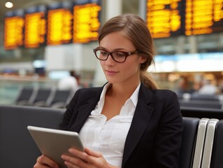 Woman Working on Tablet at Airport: A composed businesswoman, absorbed in her tablet at the airport, embodies modern travel, efficiency, and the seamless integration of work and transit. 