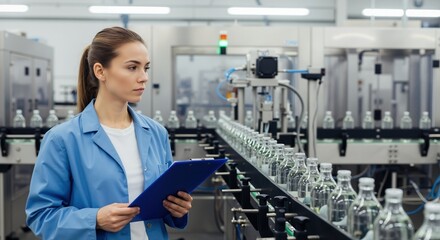 Female quality control inspector working in a beverage factory. Professional woman with a clipboard monitoring the bottling production line. Industrial manufacturing and quality assurance concept