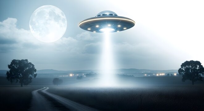 Mysterious UFO descends from moonlit sky, beaming light onto a rural landscape with trees and a winding road.