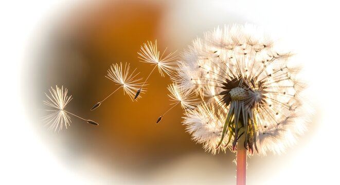 Close-up of dandelion seeds blowing in the wind with soft bokeh background, symbolizing wishes and new beginnings.