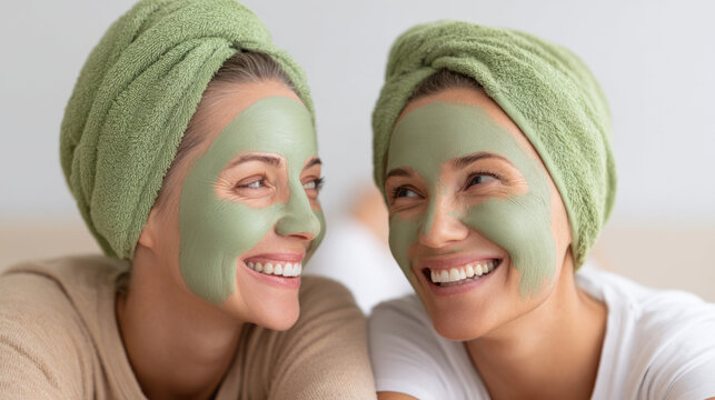 Joyful female friends enjoying face masks together at home for relaxation and bonding - Powered by Adobe