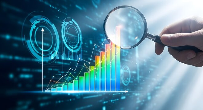 Magnifying Glass Inspecting Colorful Bar Chart with Futuristic Data Visualization and Upward Trend