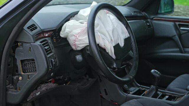 Damaged Car Interior with Deployed Airbag after Road Crash Accident 