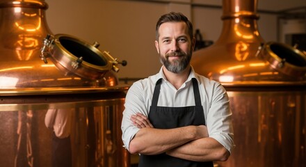 Confident smiling brewer standing in a craft brewery. Professional male owner with a beard and apron in front of copper stills