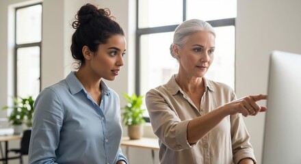 Mature businesswoman pointing at computer screen while training a young female professional. Office mentorship and collaboration