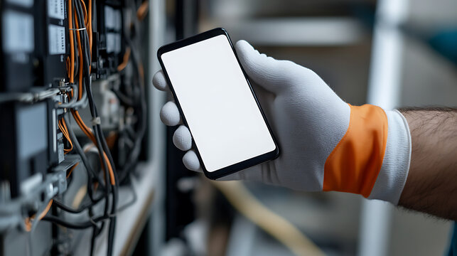 A technician uses a smartphone with a blank white screen. The phone is held by a hand wearing a protective glove. Electrical components and wiring are visible in the background.