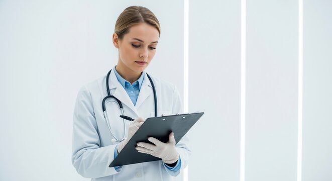 Professional female doctor writing on a medical clipboard in a modern clinic. Young physician in a white lab coat with a stethoscope taking notes. Healthcare and medicine concept with copy space