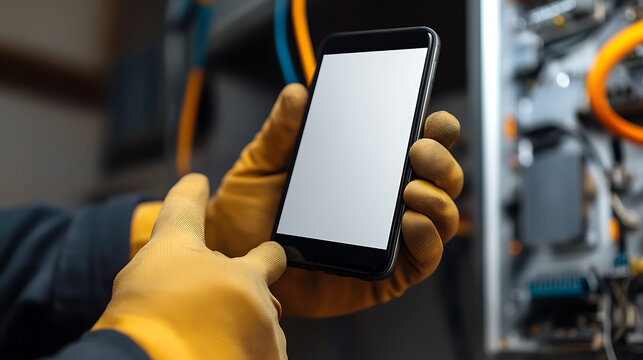 Industrial worker using a blank smartphone screen while wearing safety gloves, inspecting machinery. Communication, safety, & technology converge in this setting.