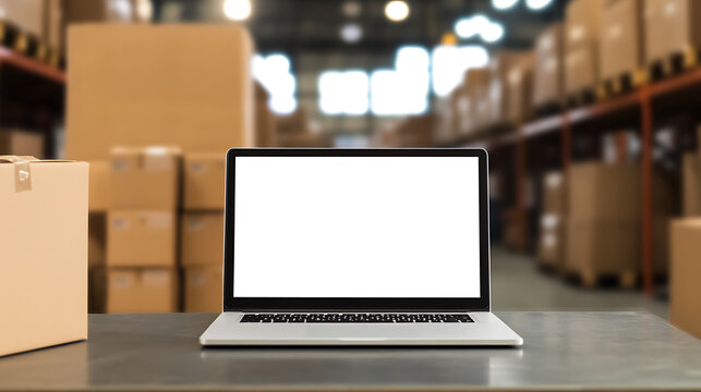 Laptop on a desk in a warehouse filled with cardboard boxes. Mockup image of a laptop, it can be used to add anything on the screen. Workspace with laptop for inventory management.