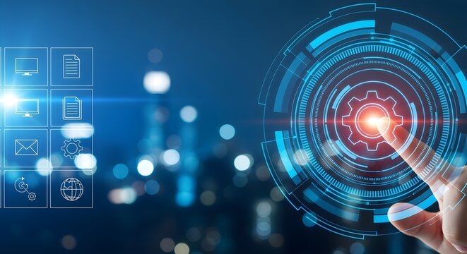 Futuristic Technology Interface: Hand Touching Digital Gear and App Icons on Blurred City Background