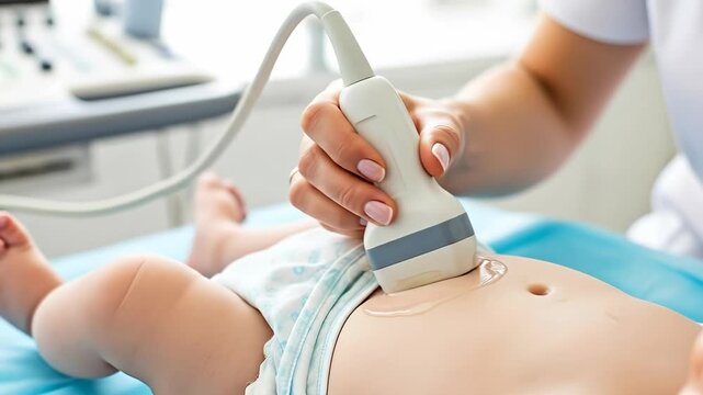 Baby's Belly Ultrasound Scan. Close-up of a pediatrician examining a newborn with a sonography machine in a hospital room.