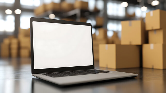A laptop sits in the middle of a warehouse, boxes stacked on shelves behind it. The laptop screen is blank. The sleek, modern design contrasts with the industrial setting, 178 characters.