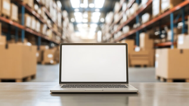 Inventory management and tracking. Laptop in a warehouse filled with shelves holding cardboard boxes, used to manage and track inventory effectively in a supply chain.