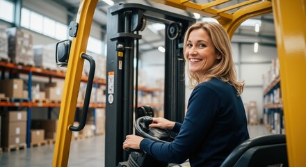 Smiling female worker operating a forklift in a large warehouse. Happy woman driving a lift truck in a distribution center. Logistics and supply chain industry concept